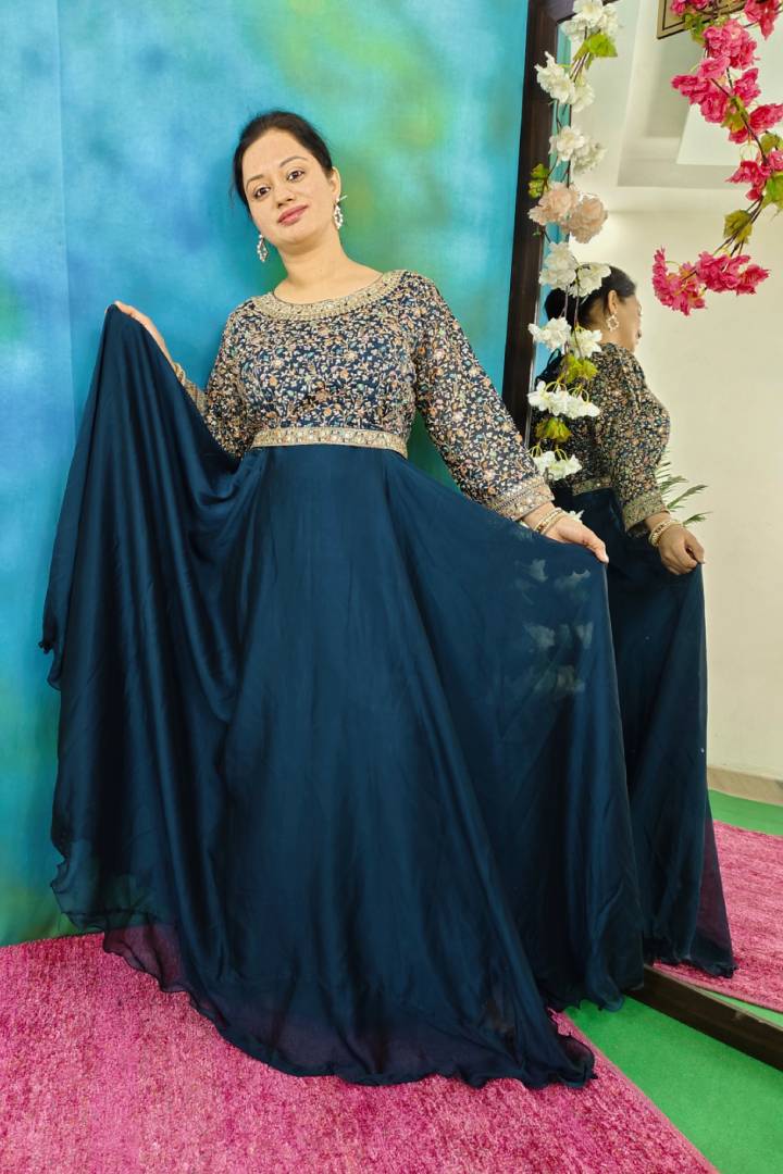 Chinon Silk Anarkali Dress With Heavy Duppatta In Peacock Blue