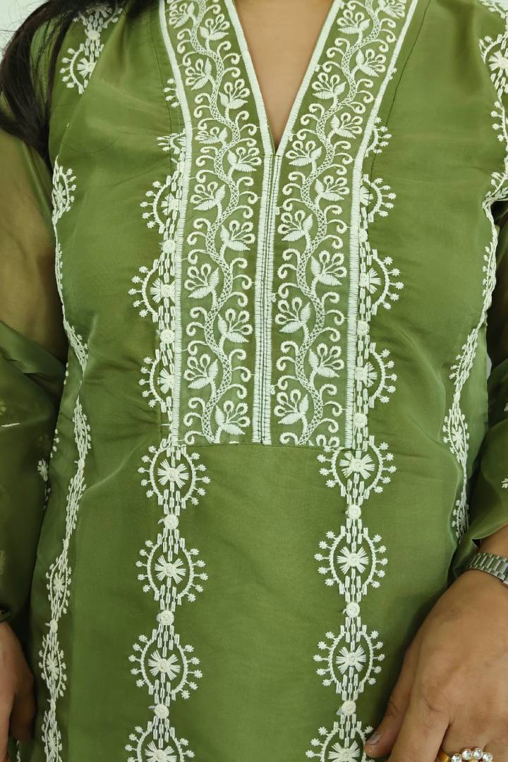 Pakistani V neck  Organza Embroidered Kurta set In Olive