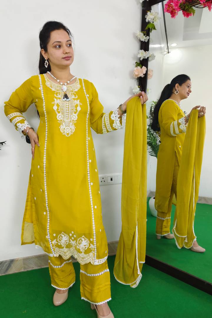 Pakistani Kurta Set With Contrast Embroidery Work in Yelllow