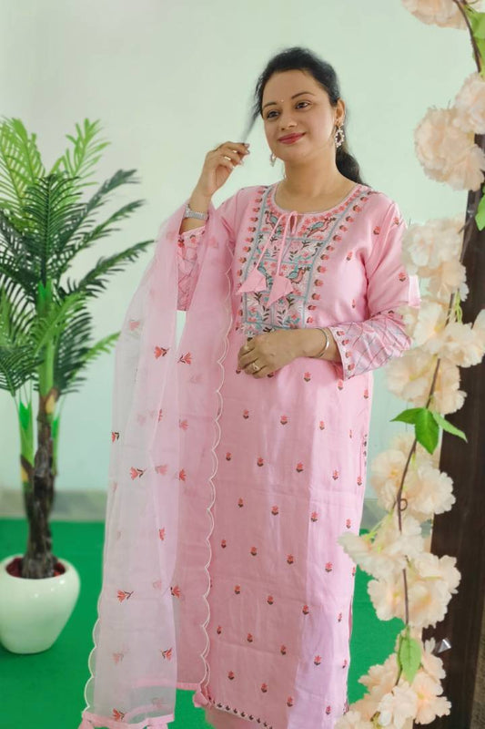 Pakistani Karachi Work Embroidered Silk Suit set In Pink