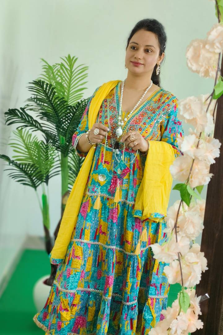 Anarkali Flared Kurta Set In Printed Yellow With Mul Duppatta