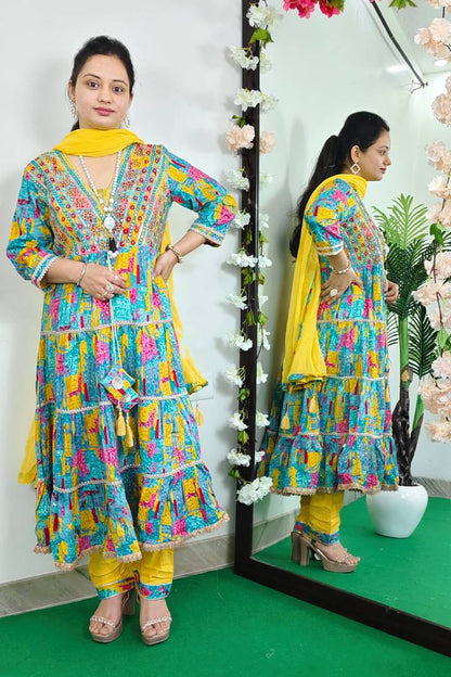 Anarkali Flared Kurta Set In Printed Yellow With Mul Duppatta