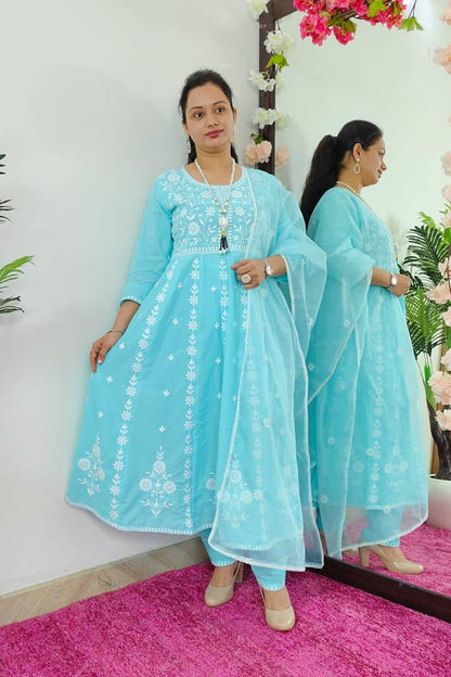 Pakistani Anarkali Kurta set With Organza Duppatta in Sky Blue