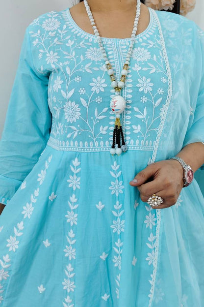 Pakistani Anarkali Kurta set With Organza Duppatta in Sky Blue