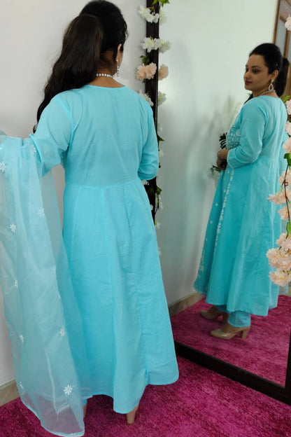 Pakistani Anarkali Kurta set With Organza Duppatta in Sky Blue