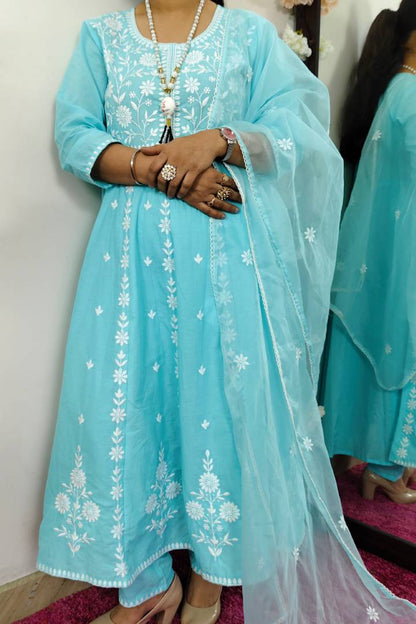 Pakistani Anarkali Kurta set With Organza Duppatta in Sky Blue