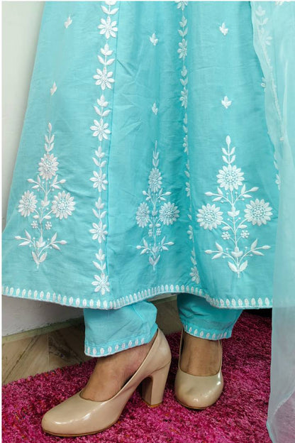 Pakistani Anarkali Kurta set With Organza Duppatta in Sky Blue