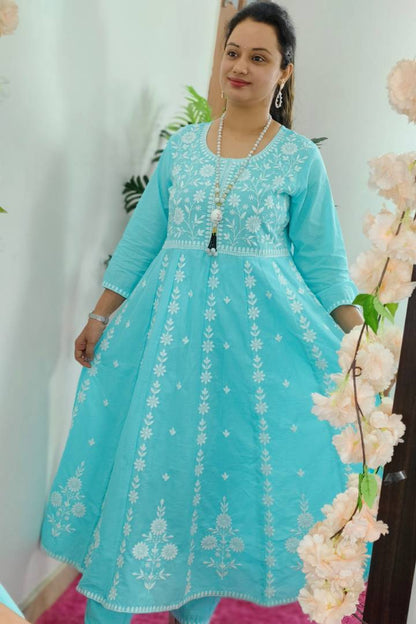 Pakistani Anarkali Kurta set With Organza Duppatta in Sky Blue