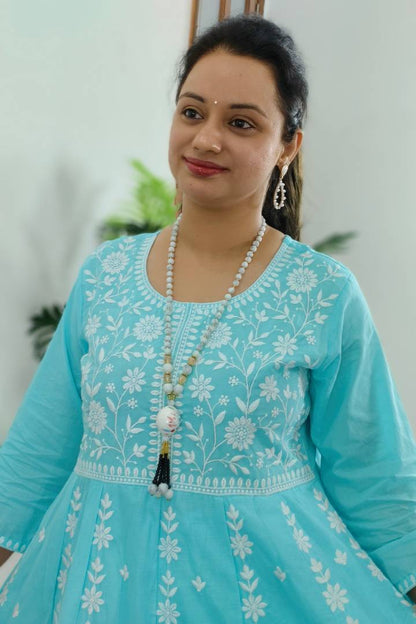 Pakistani Anarkali Kurta set With Organza Duppatta in Sky Blue