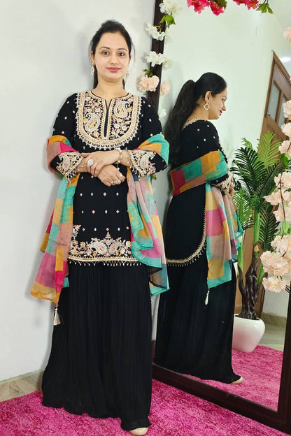 Apple Cut Bottom Sharara Suit With Multi Embroidery in Black