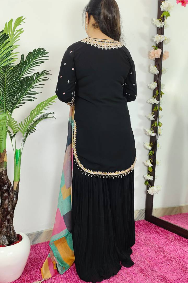 Apple Cut Bottom Sharara Suit With Multi Embroidery in Black