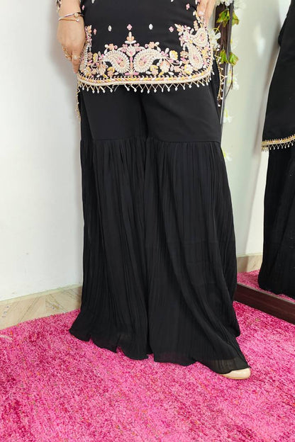 Apple Cut Bottom Sharara Suit With Multi Embroidery in Black