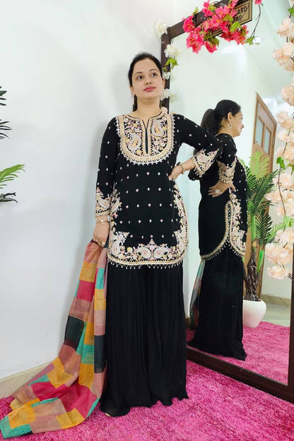 Apple Cut Bottom Sharara Suit With Multi Embroidery in Black