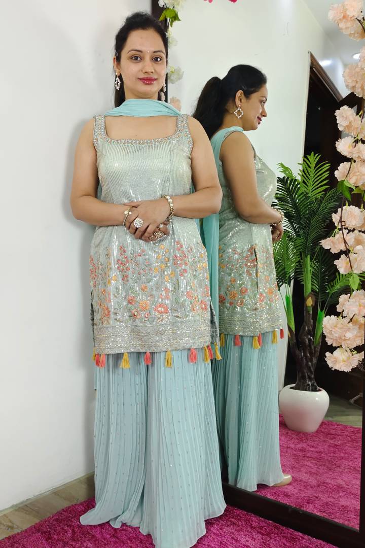 Spaghetti Style Partywear Girlish Sharara Suit In SKy Blue