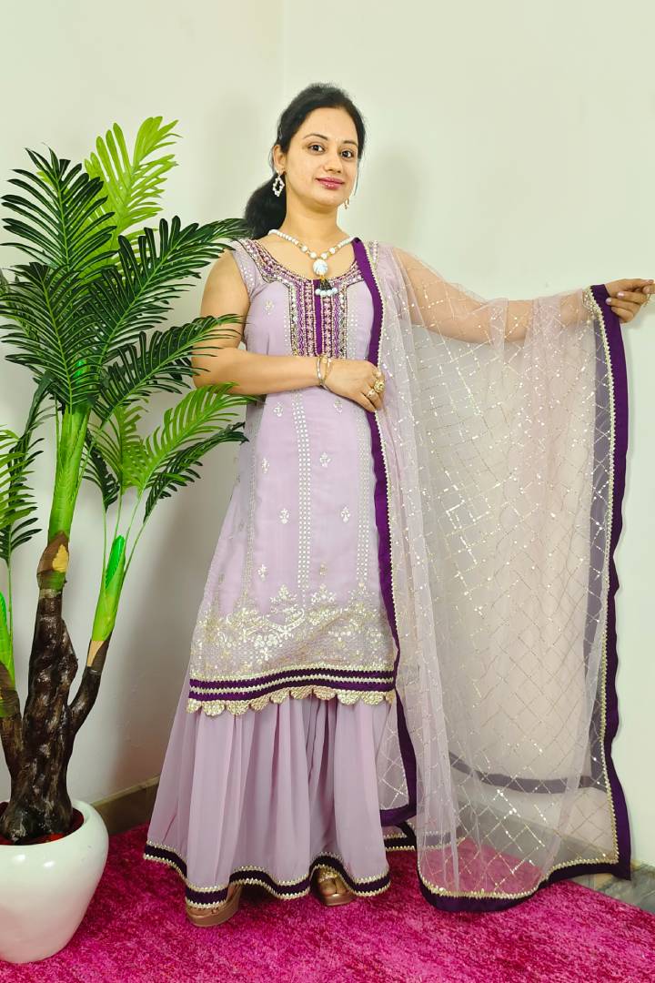 Straight Sequenced Partywear Sharara Suit in Lavender