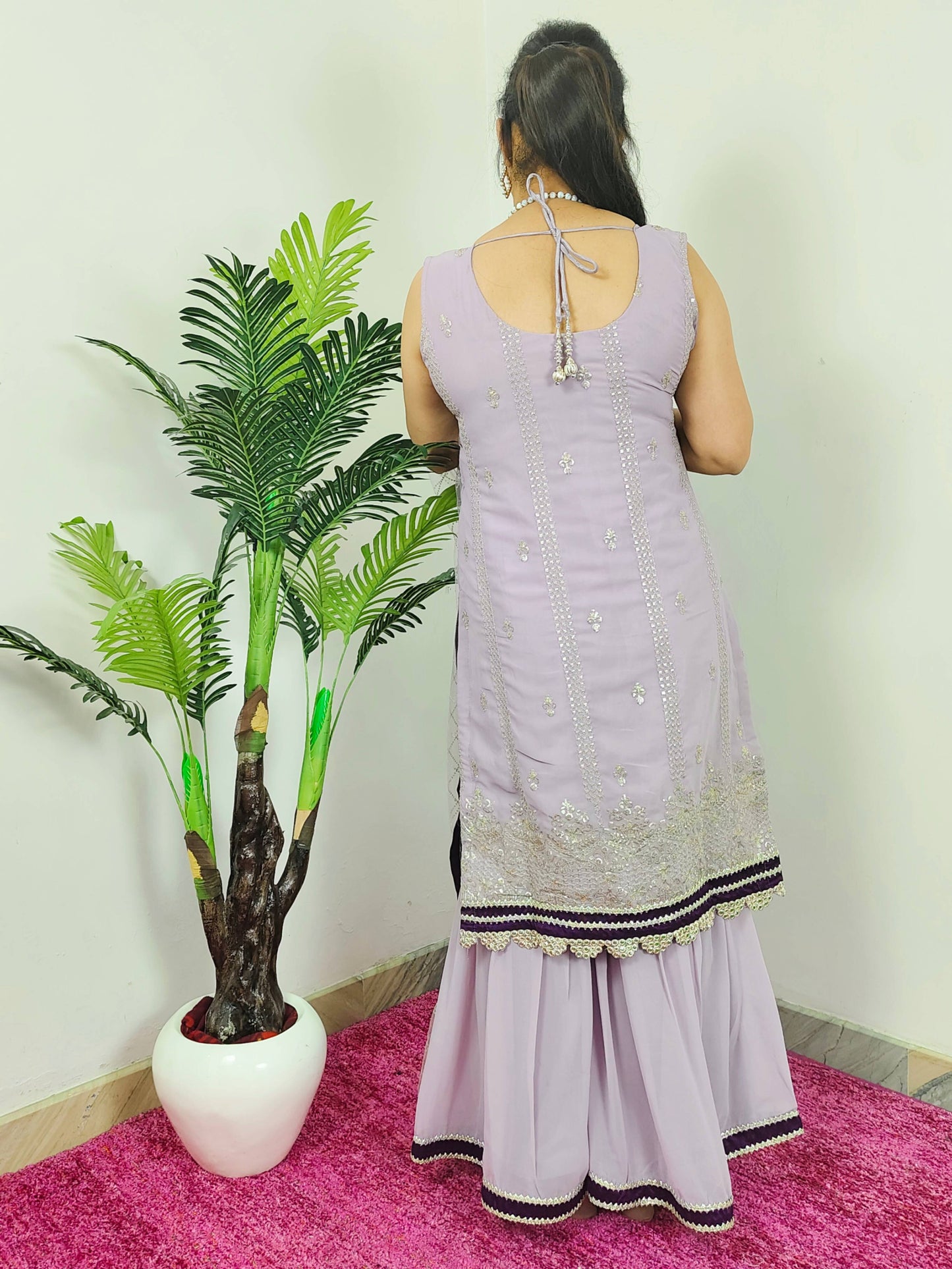 Straight Sequenced Partywear Sharara Suit in Lavender
