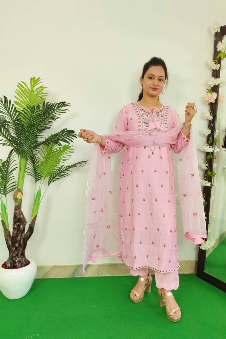 Pakistani Karachi Work Embroidered Silk Suit set In Pink