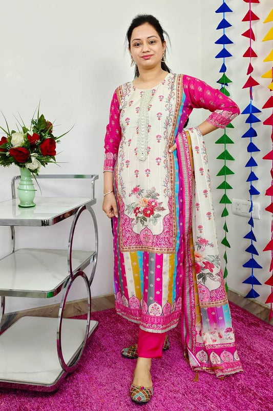 Printed Kurta With Miror Work Embroidery With beautiful Duppatta In PInk