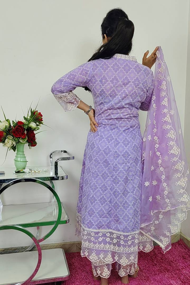 Anarkali MulMul Kurta set With Embroidered Duppatta in Lavender