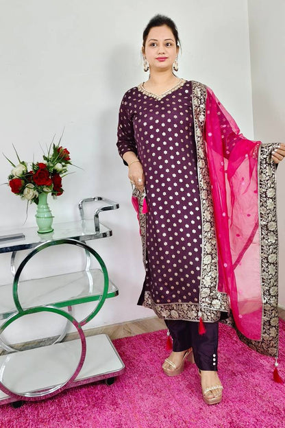 Banarasi Silk Suit With Contrast Organza Duppatta in Wine