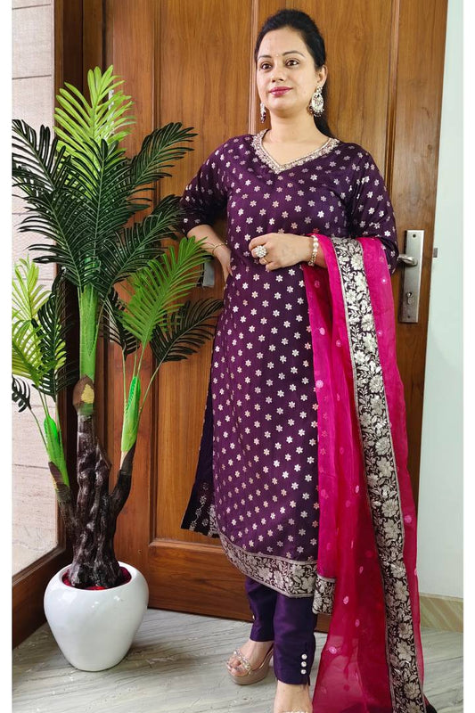 Banarasi Silk Suit With Contrast Organza Duppatta in Wine