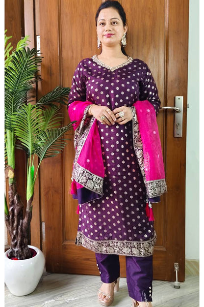 Banarasi Silk Suit With Contrast Organza Duppatta in Wine