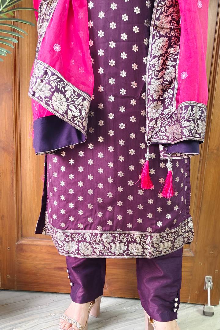 Banarasi Silk Suit With Contrast Organza Duppatta in Wine