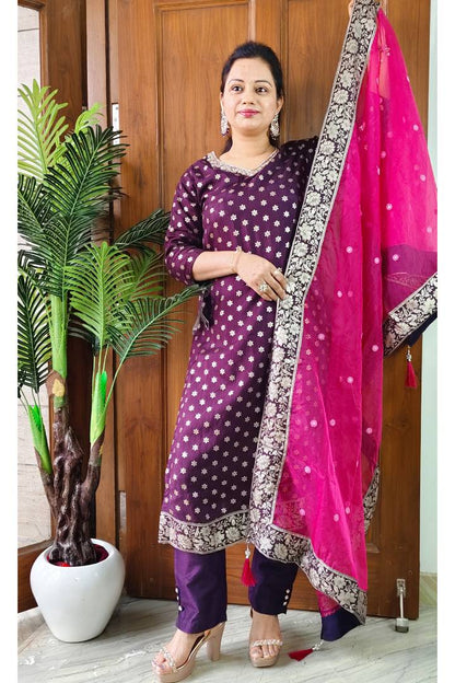 Banarasi Silk Suit With Contrast Organza Duppatta in Wine