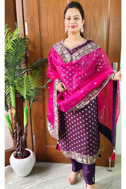 Banarasi Silk Suit With Contrast Organza Duppatta in Wine