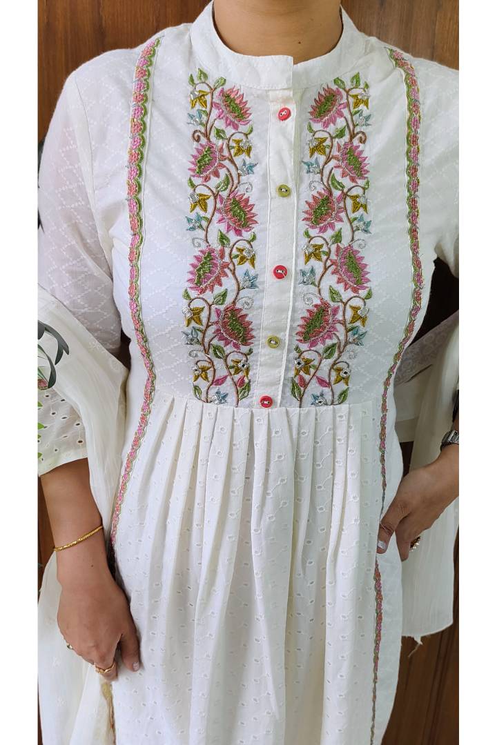 Chikan Embroidered Band Neck Kurta Set With Mul Duppatta In Off white