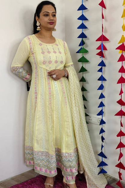 Anarkali Mul cotton Multi Embroidered Suit Set With Duppatta in Lemon