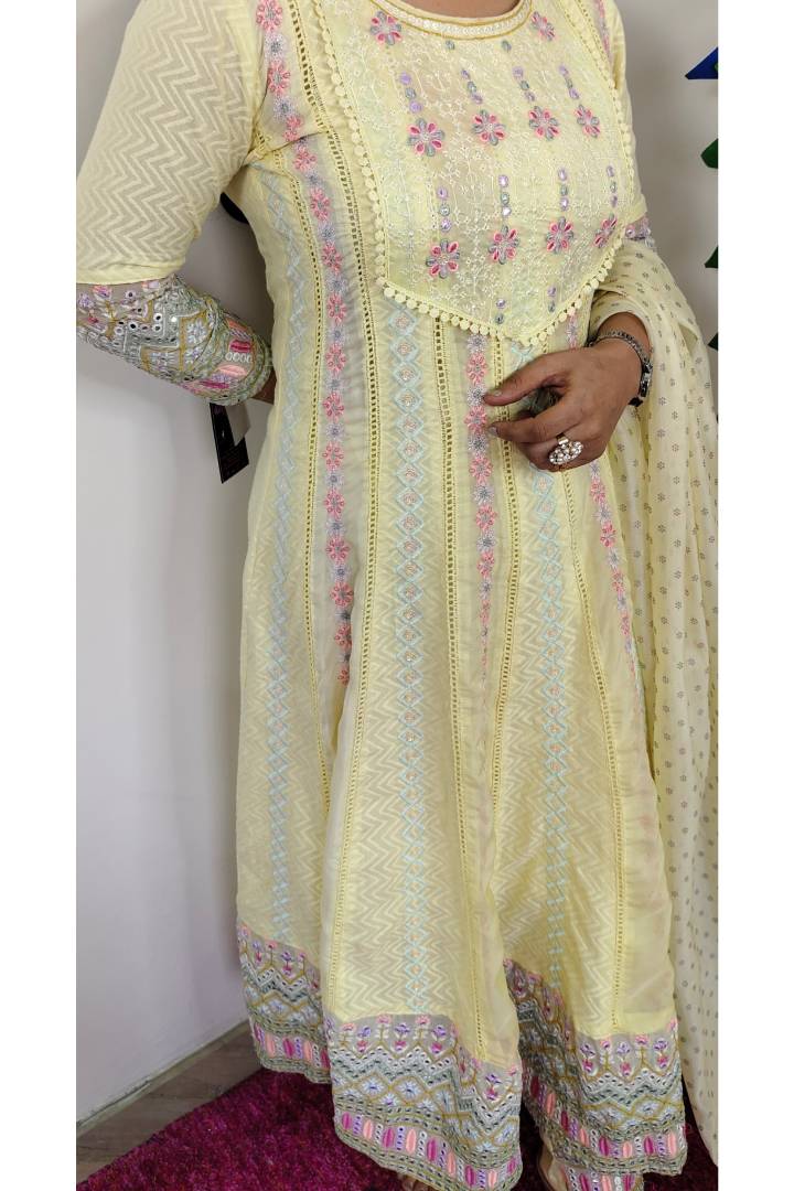 Anarkali Mul cotton Multi Embroidered Suit Set With Duppatta in Lemon