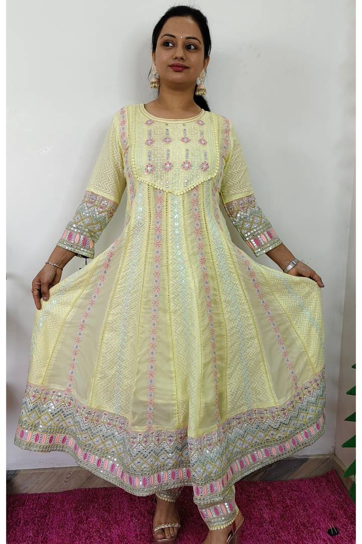 Anarkali Mul cotton Multi Embroidered Suit Set With Duppatta in Lemon
