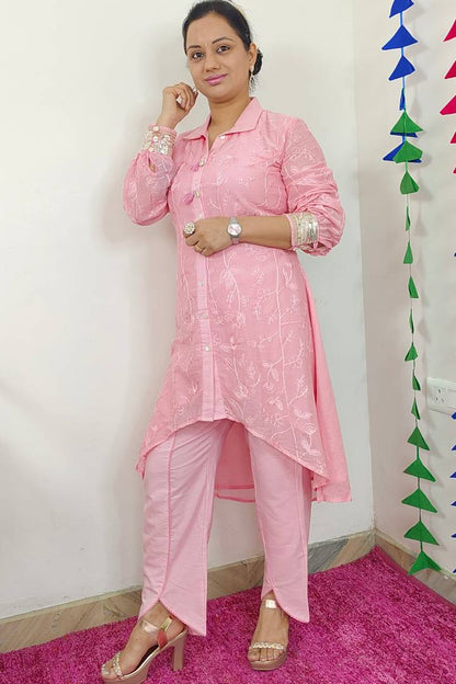 Tail cut Pant Suit In Mul Cotton in Pink