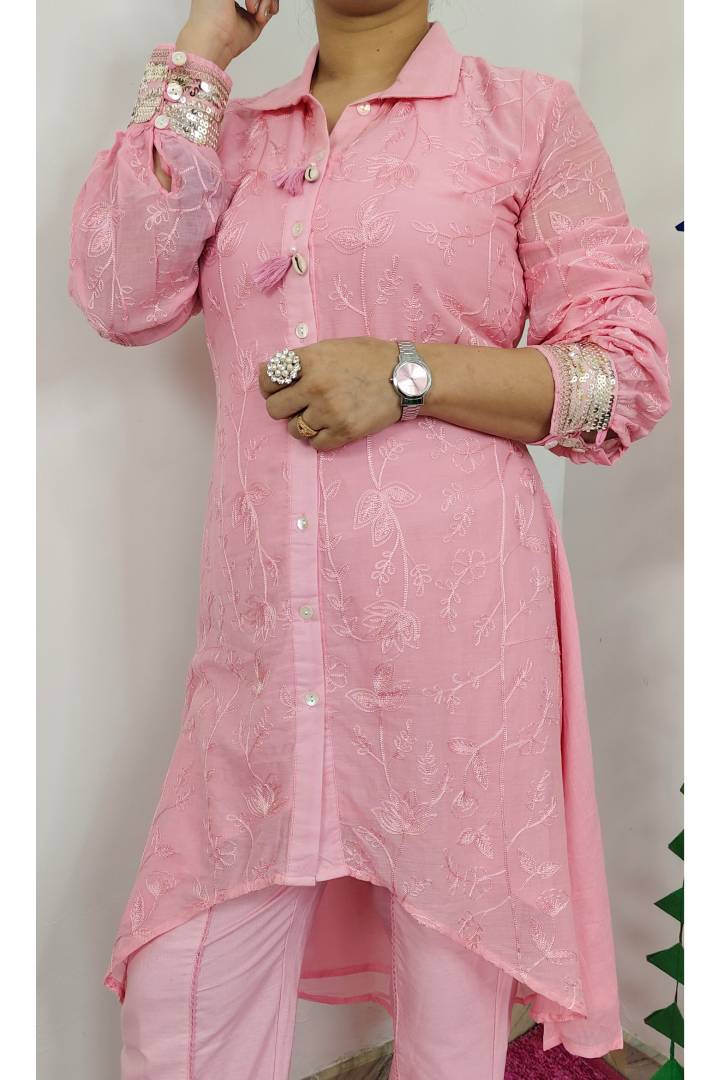 Tail cut Pant Suit In Mul Cotton in Pink