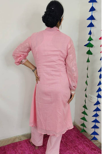 Tail cut Pant Suit In Mul Cotton in Pink