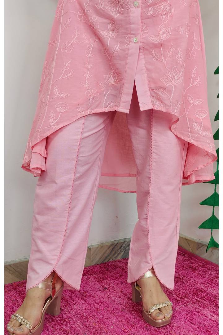 Tail cut Pant Suit In Mul Cotton in Pink