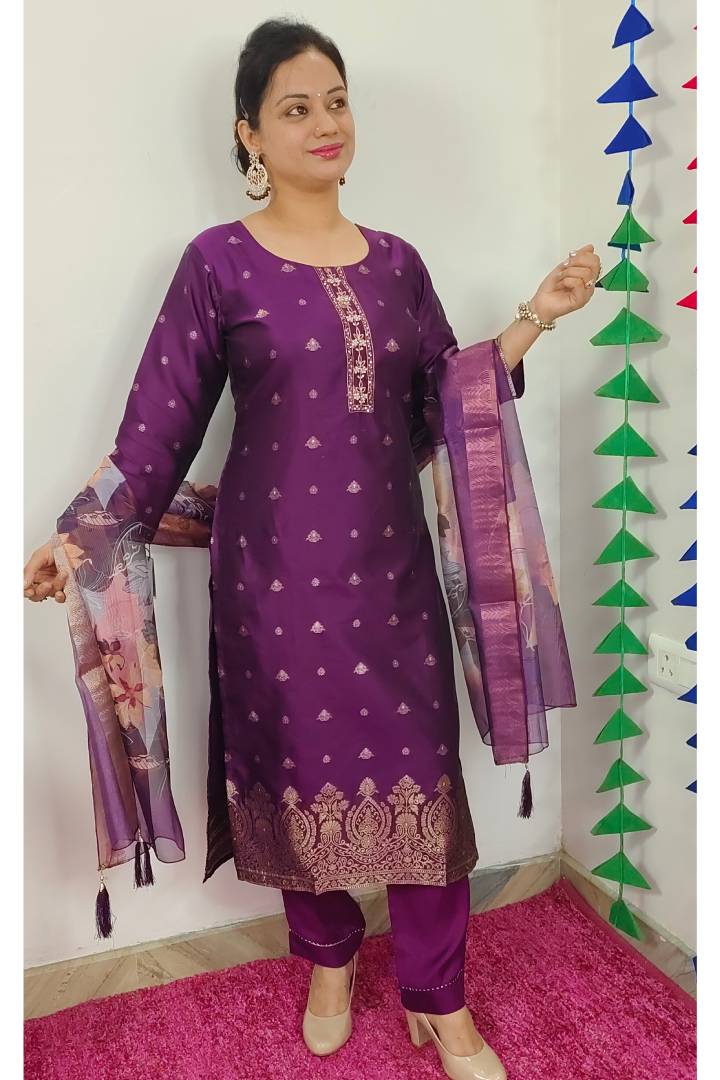 Silk Banarasi Suit With Printed Organza Duppatta In Purple
