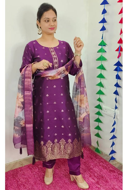 Silk Banarasi Suit With Printed Organza Duppatta In Purple