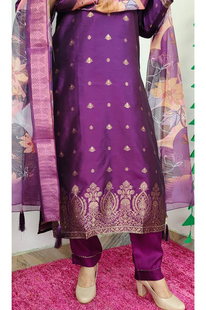 Silk Banarasi Suit With Printed Organza Duppatta In Purple