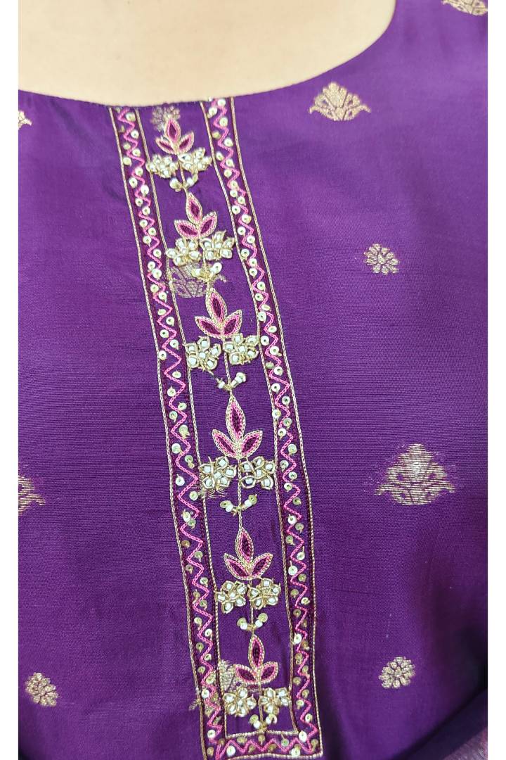 Silk Banarasi Suit With Printed Organza Duppatta In Purple