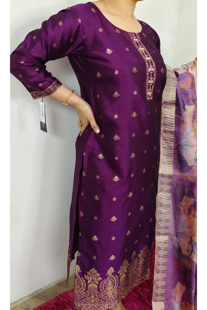 Silk Banarasi Suit With Printed Organza Duppatta In Purple