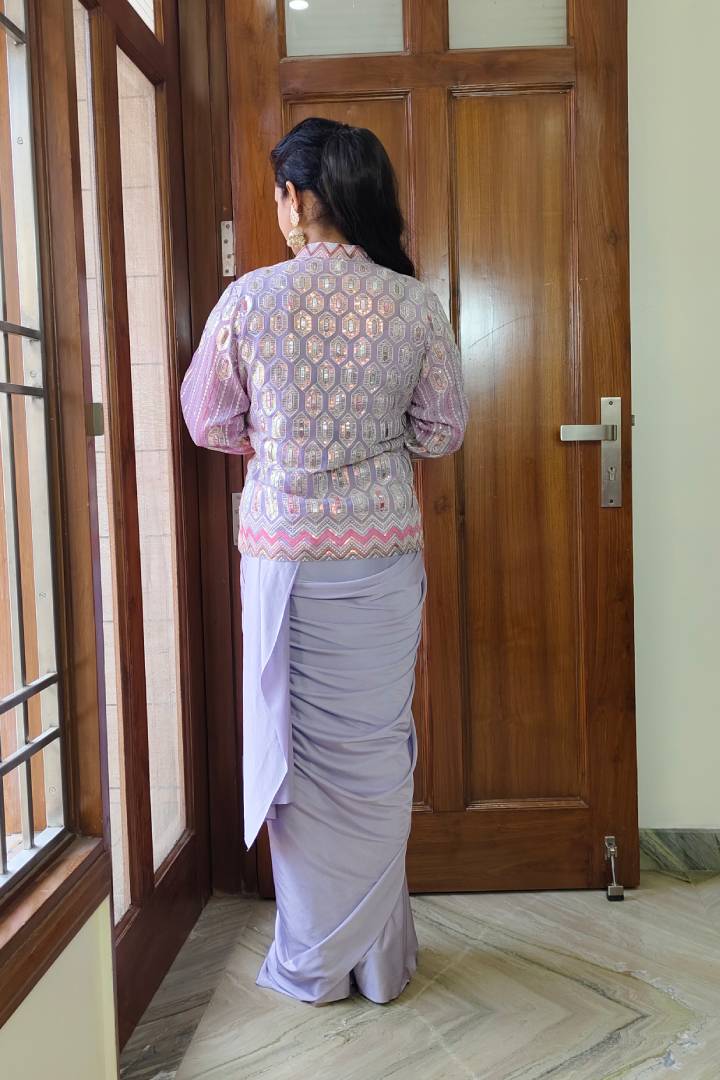 Ready to Wear Drape Saree With Belt And Jacket in Lavender