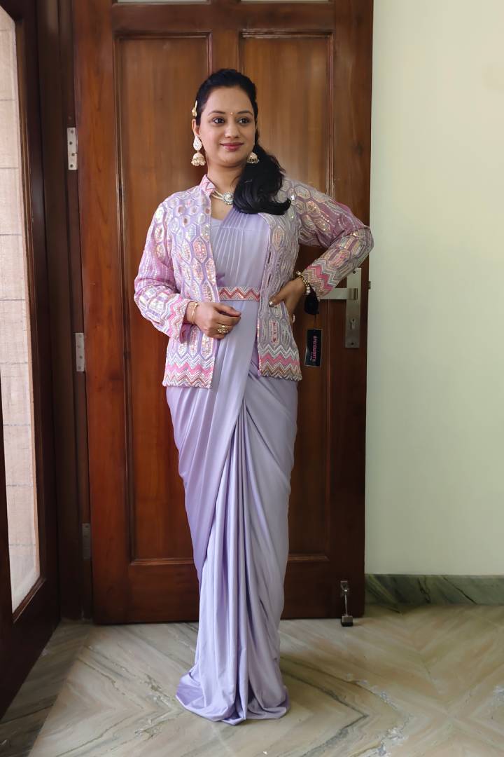 Ready to Wear Drape Saree With Belt And Jacket in Lavender