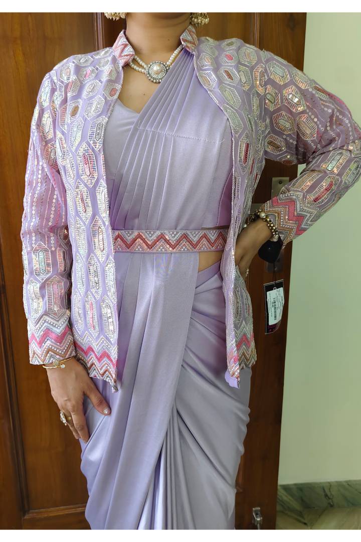 Ready to Wear Drape Saree With Belt And Jacket in Lavender