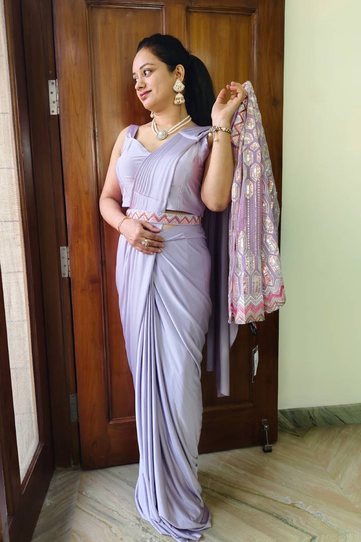 Ready to Wear Drape Saree With Belt And Jacket in Lavender