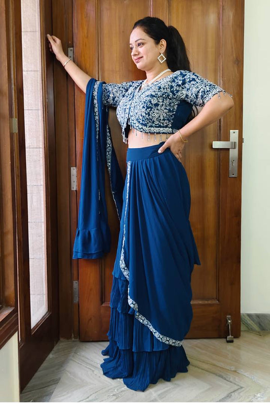 Indo Western Drape Dress In Blue
