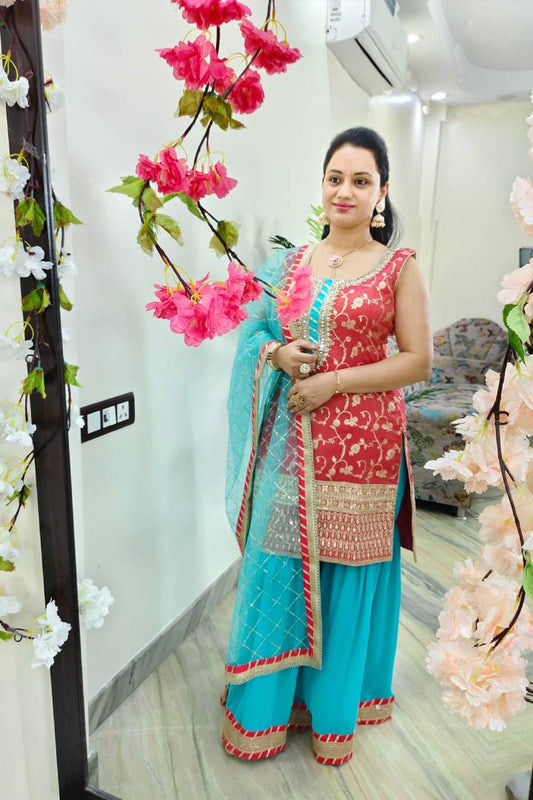 Partywear Contrast Sharara Suit In Banarasi Silk With Heavy Duppatta