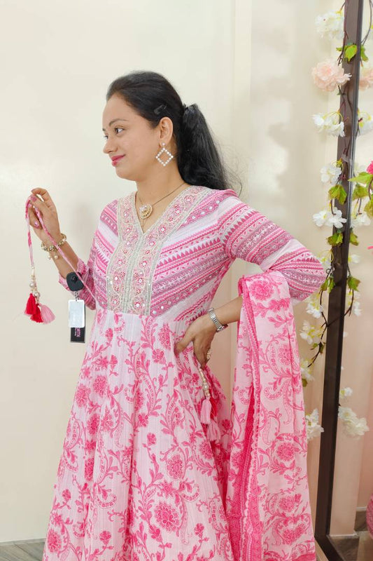 Anarkali Printed MulMul Kurta Set With  Duppatta In Pink