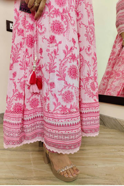 Anarkali Printed MulMul Kurta Set With  Duppatta In Pink